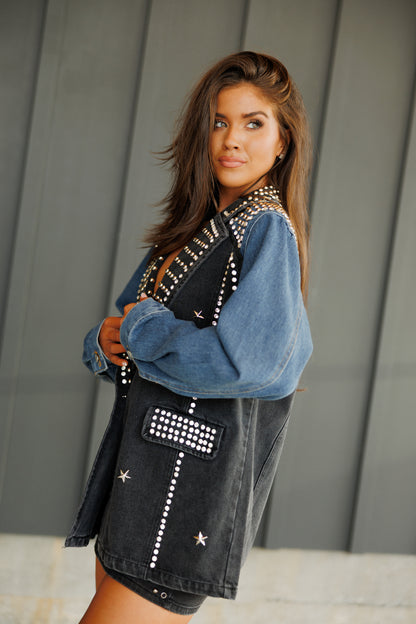NEW!! "Jackpot" Two Tone Denim Studded Blazer
