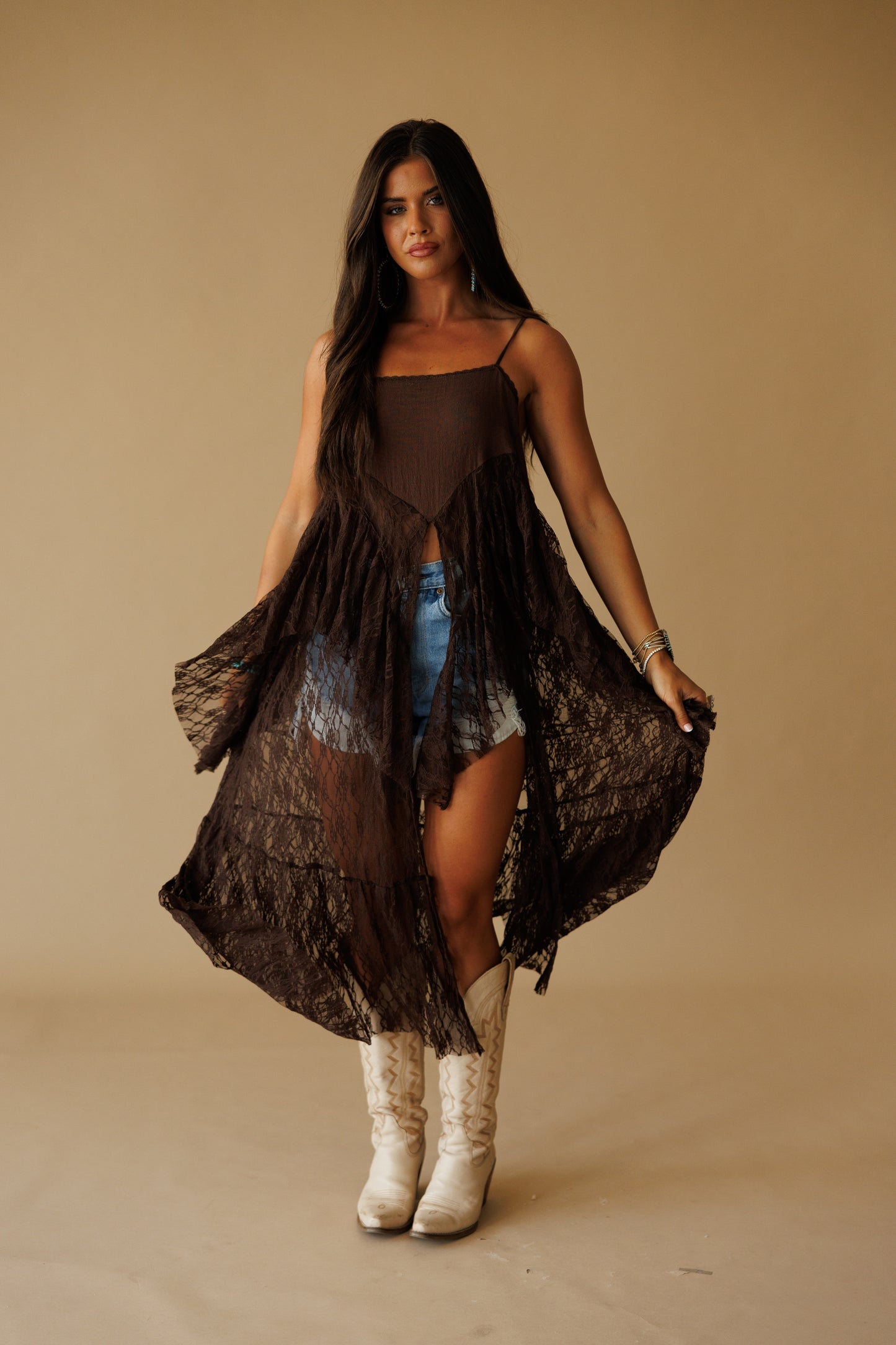 Ruffle Lace High-Low Top in Brown - PREORDER