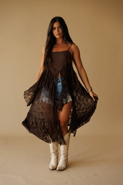 Ruffle Lace High-Low Top in Brown - PREORDER