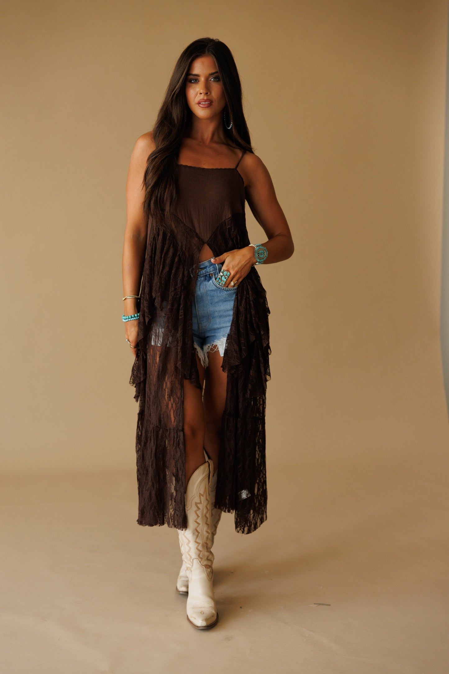 Ruffle Lace High-Low Top in Brown - PREORDER