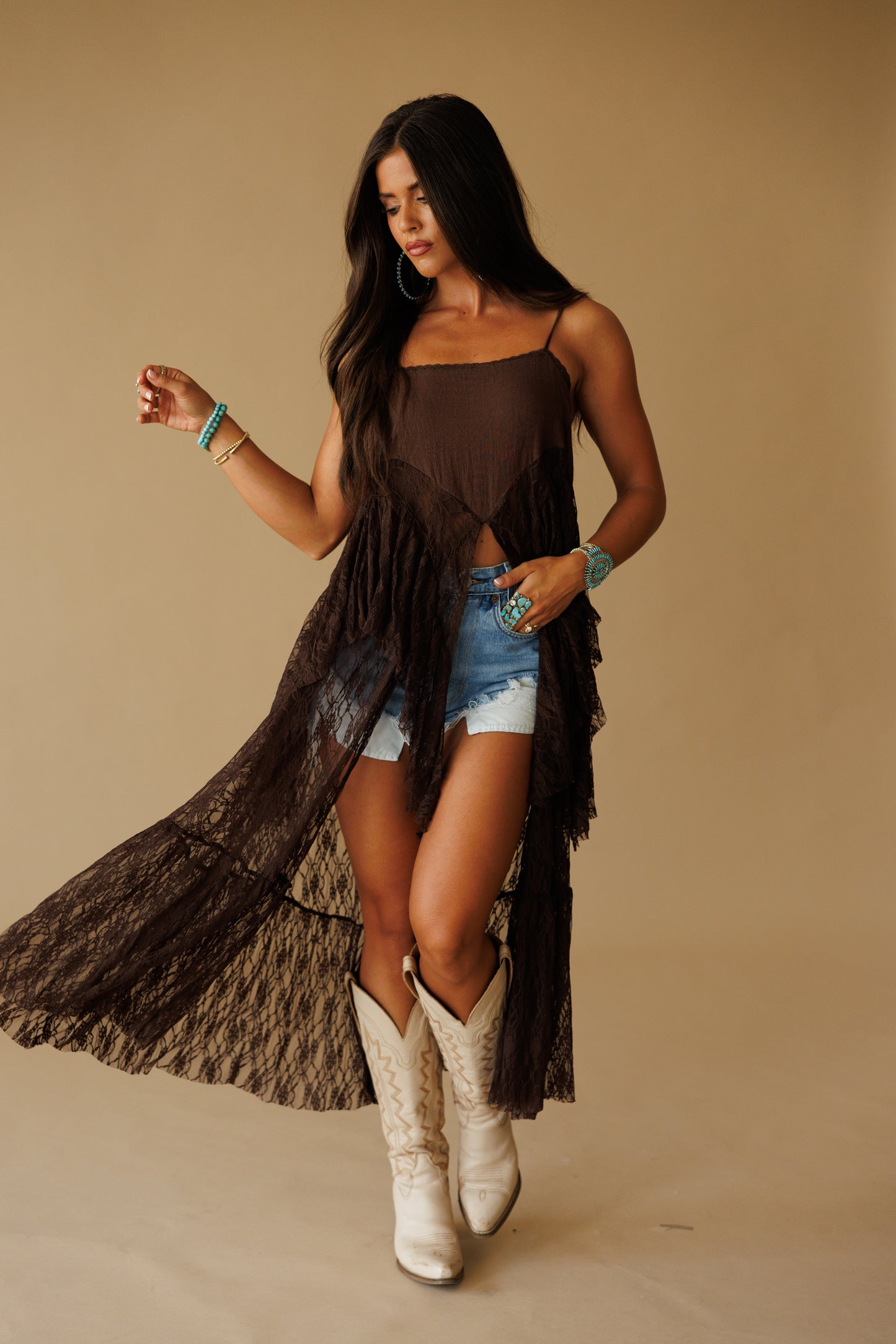 Ruffle Lace High-Low Top in Brown - PREORDER