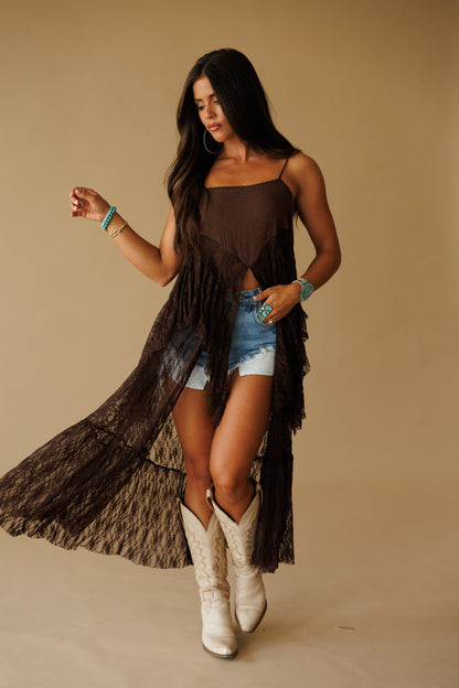 Ruffle Lace High-Low Top in Brown - PREORDER