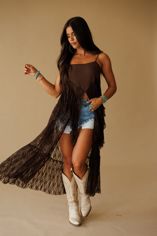 Ruffle Lace High-Low Top in Brown - PREORDER