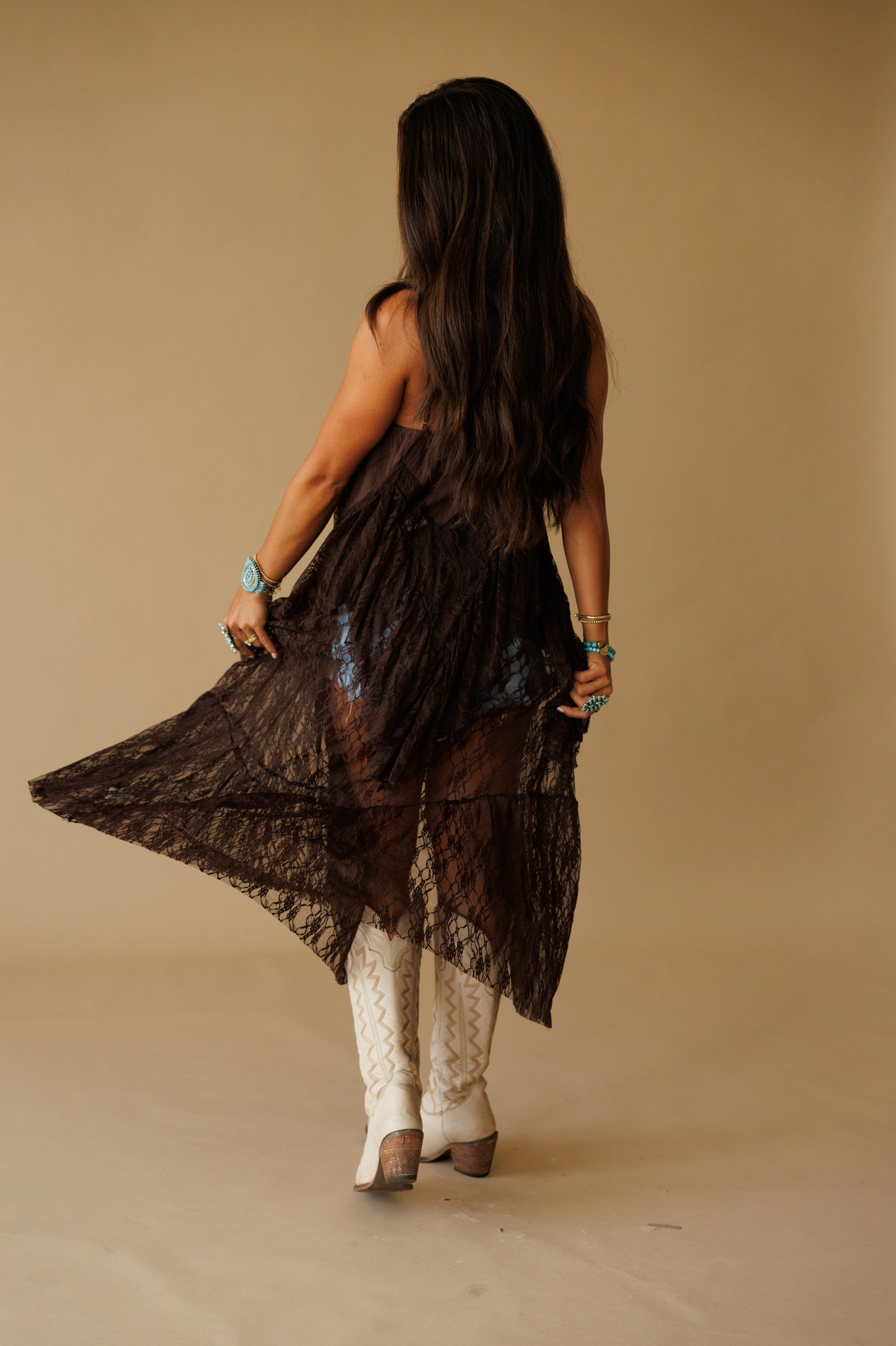 Ruffle Lace High-Low Top in Brown - PREORDER