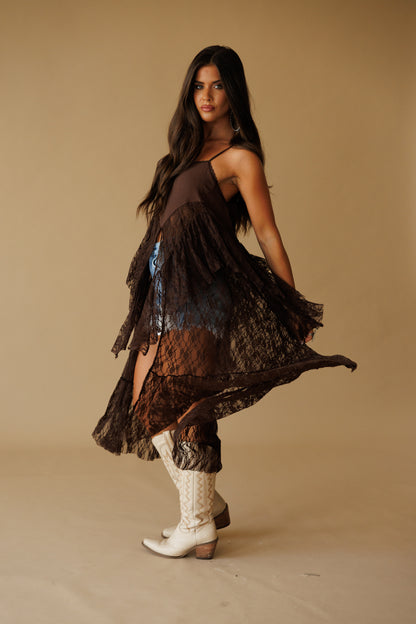 Ruffle Lace High-Low Top in Brown - PREORDER