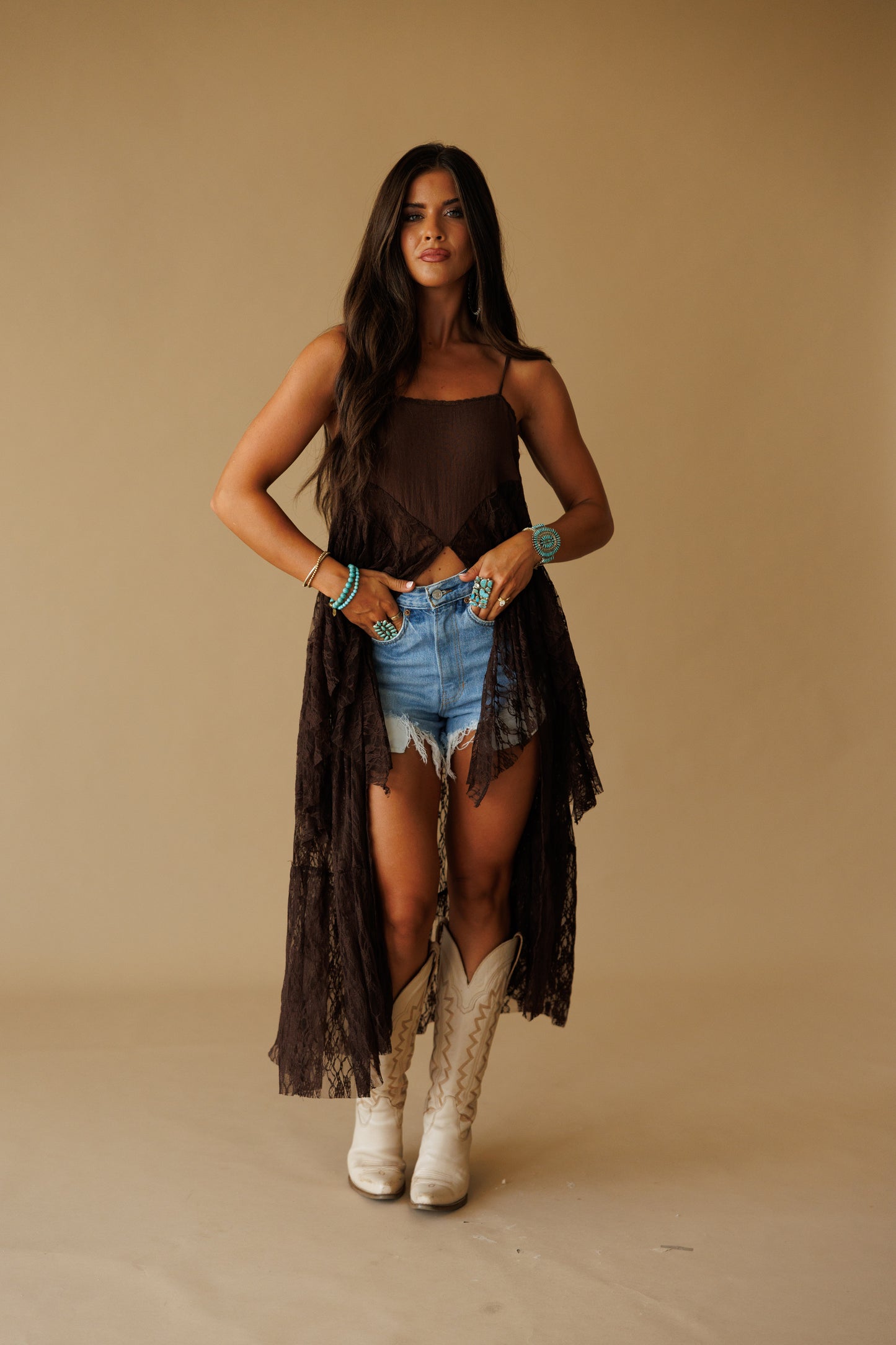 Ruffle Lace High-Low Top in Brown - PREORDER