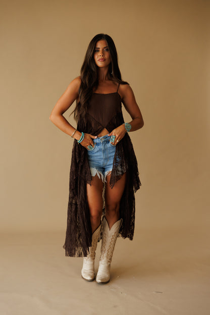 Ruffle Lace High-Low Top in Brown - PREORDER