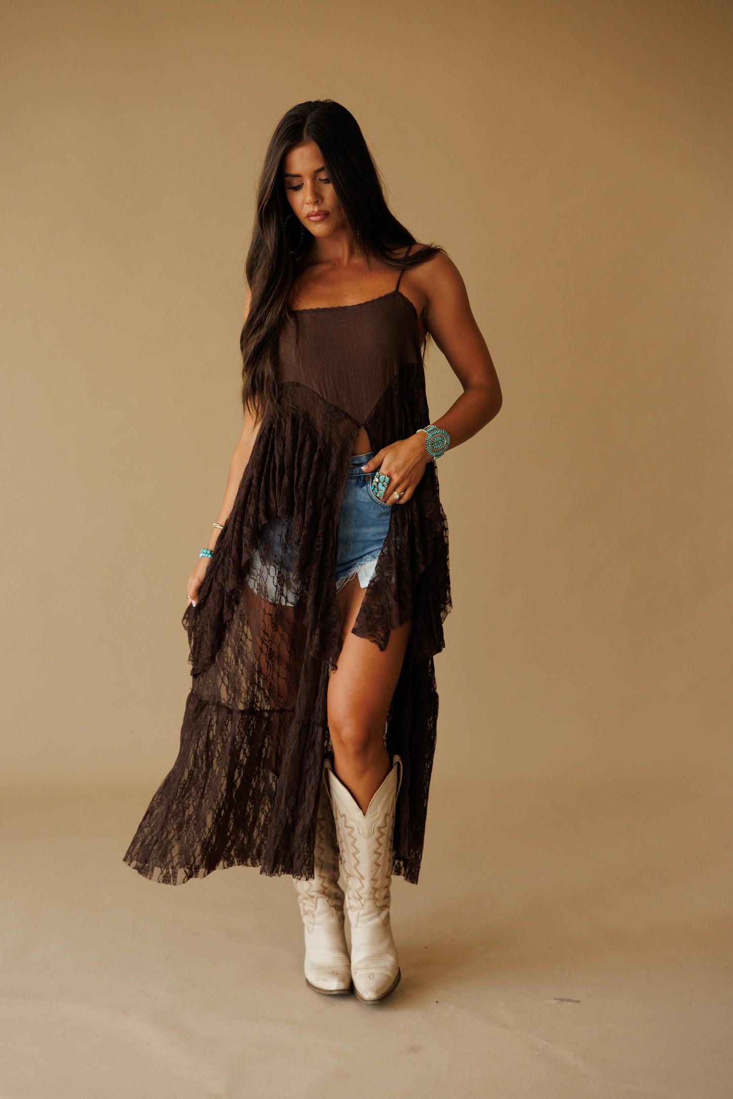 Ruffle Lace High-Low Top in Brown - PREORDER