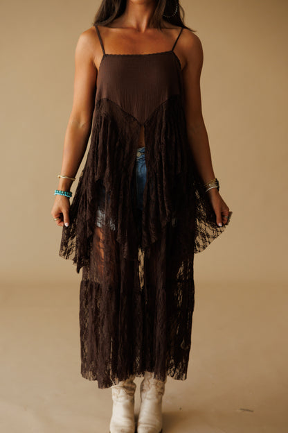 Ruffle Lace High-Low Top in Brown - PREORDER