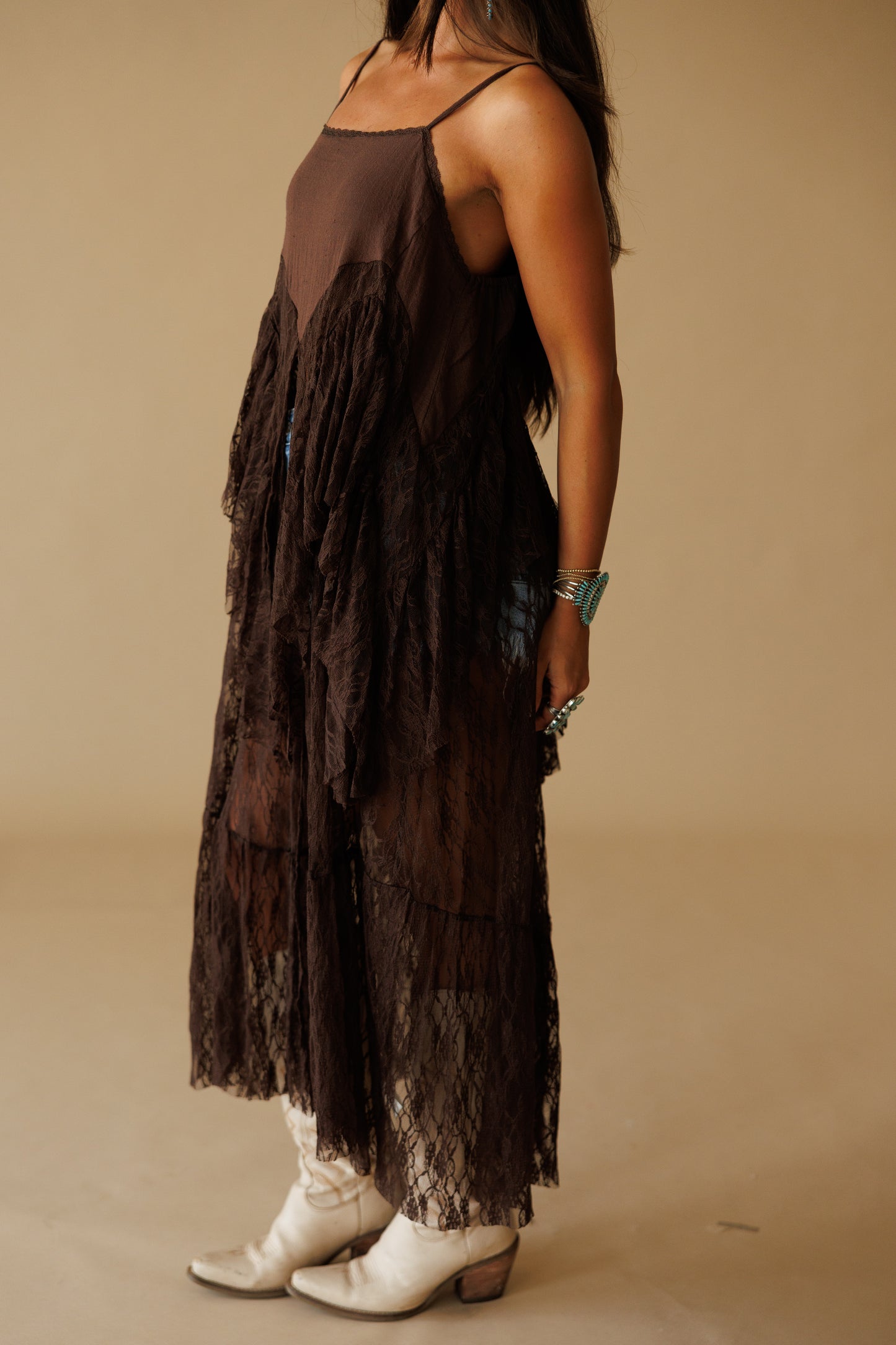 Ruffle Lace High-Low Top in Brown - PREORDER