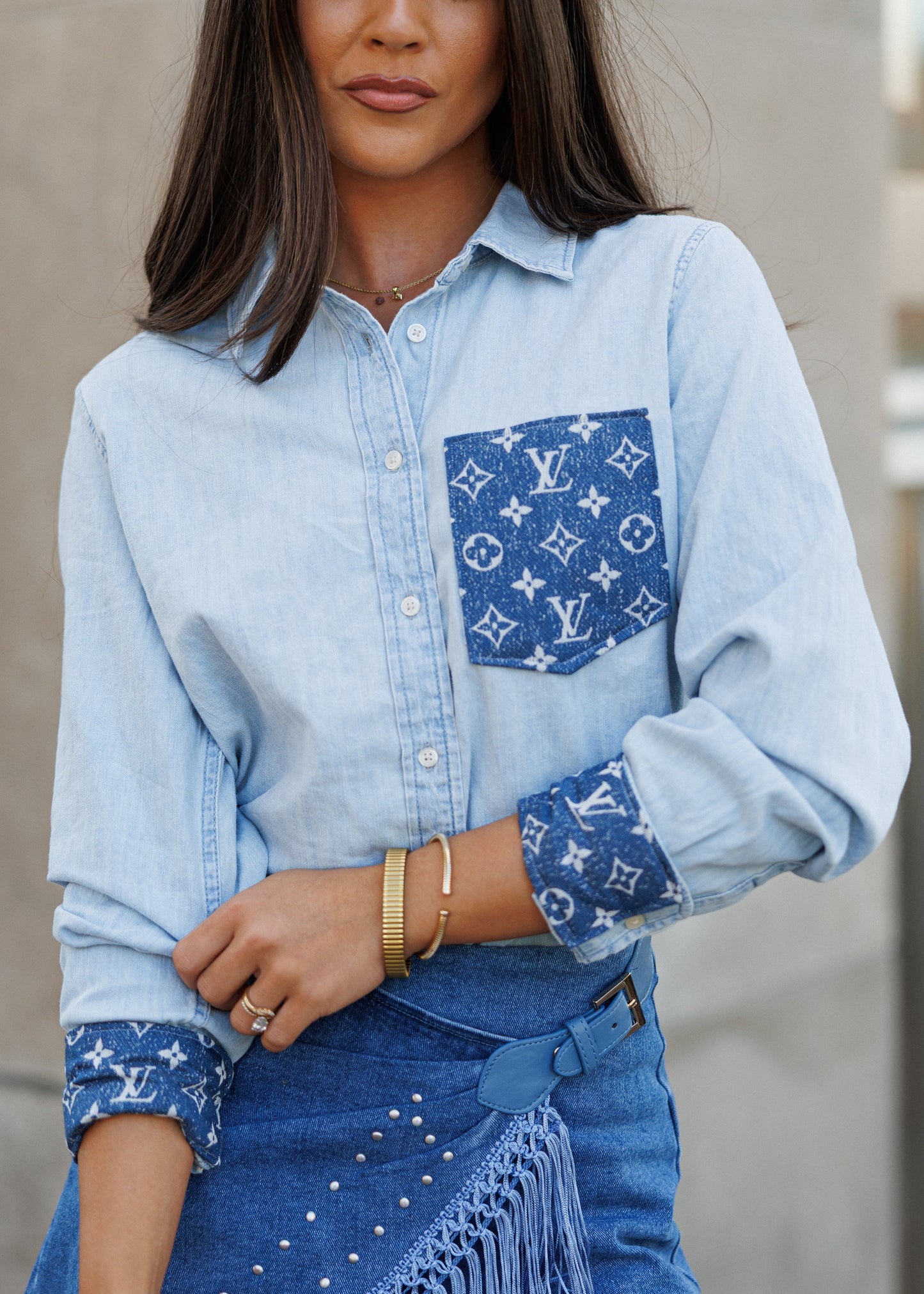 LIMITED EDITION!!  Designer Repurposed Denim Shirt w/ Designer Denim Scarf