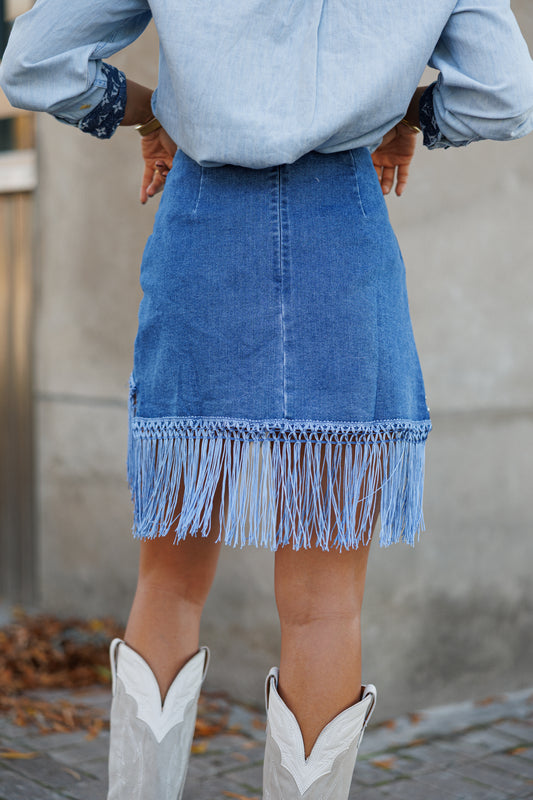 NEW!! Denim Fringe Wrap Skirt - PRE ORDER