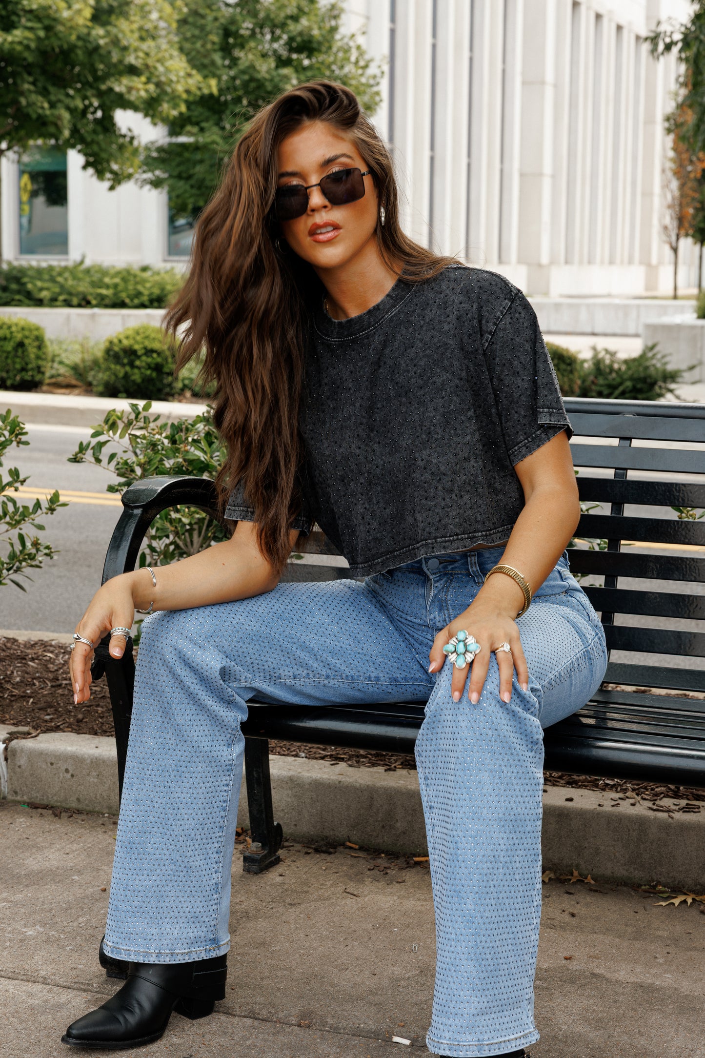 The “Brooklyn" Cropped Rhinestone Tee in Black