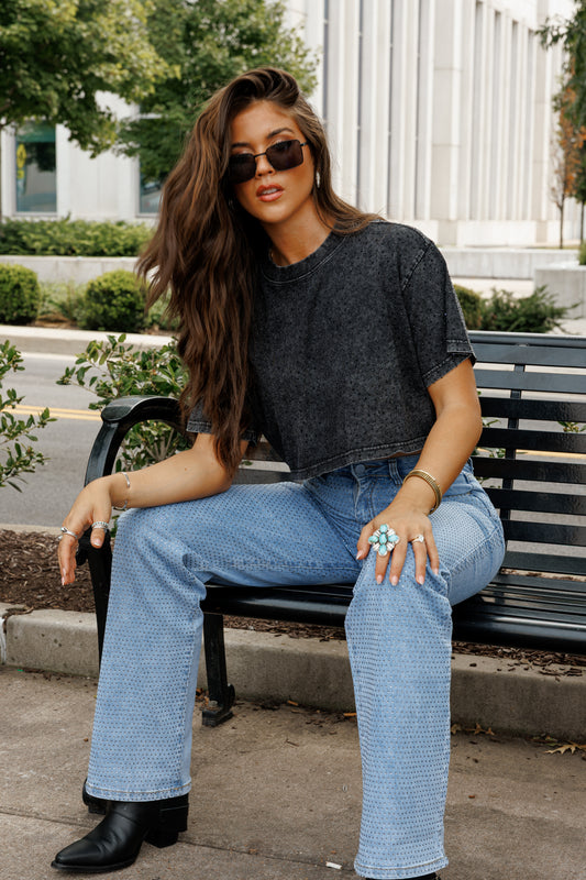 The “Brooklyn" Cropped Rhinestone Tee in Black