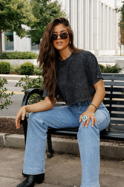 The “Brooklyn" Cropped Rhinestone Tee in Black