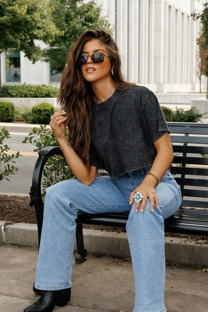 NEW!! "Brooklyn" Acid Wash Cropped Rhinestone Tee in 3 Colors