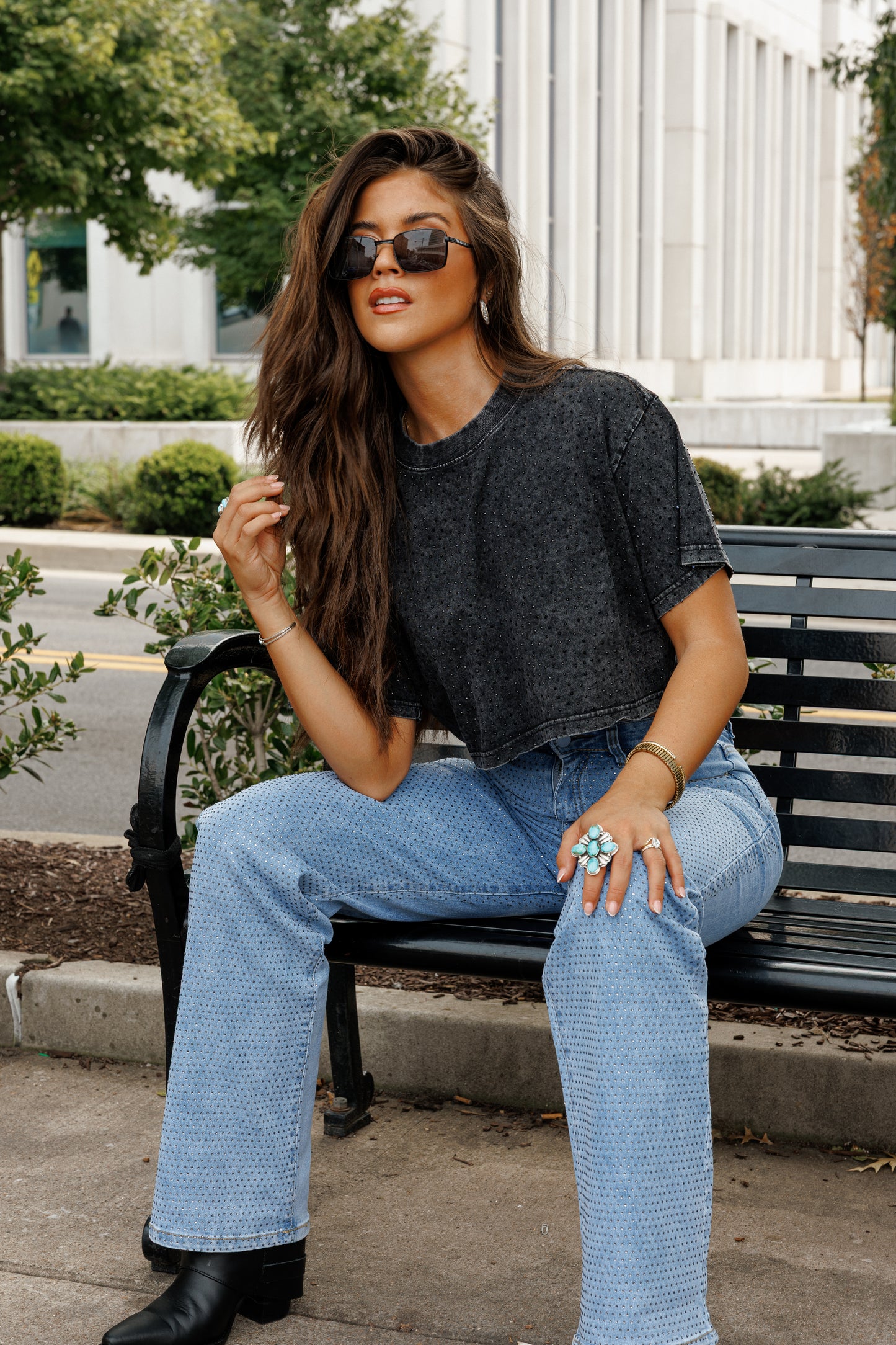 The “Brooklyn" Cropped Rhinestone Tee in Black