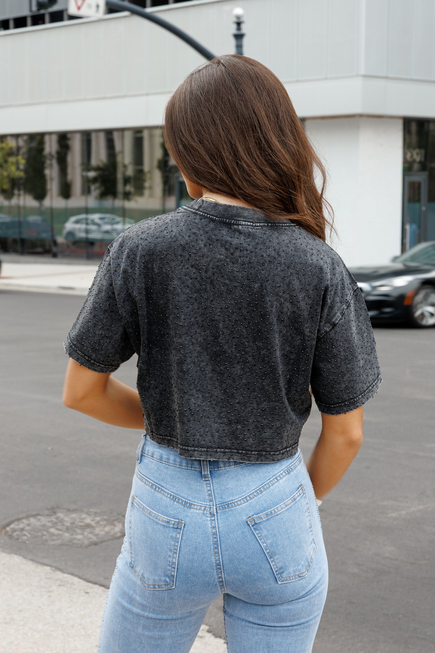 The “Brooklyn" Cropped Rhinestone Tee in Black