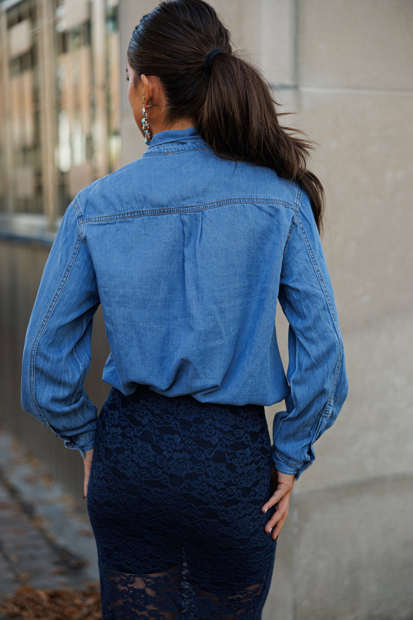 BEST SELLER!! Chic Denim Tie Neck Top