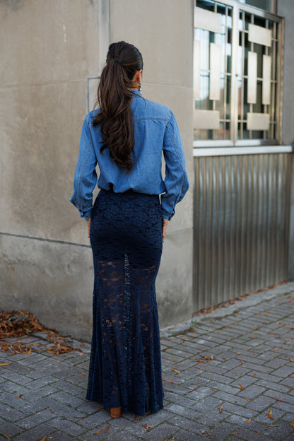 NEW!! "Trendsetter" Lace Maxi Skirt in Navy