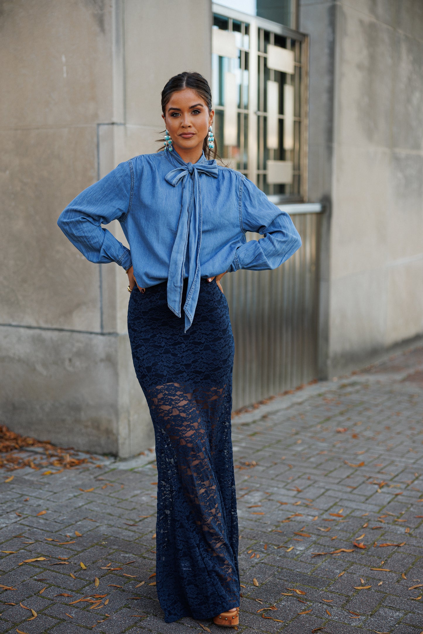 BEST SELLER!! Chic Denim Tie Neck Top