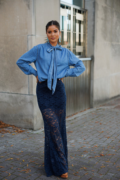 BEST SELLER!! Chic Denim Tie Neck Top