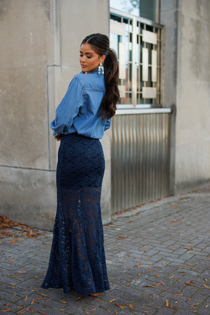 NEW!! "Trendsetter" Lace Maxi Skirt in Navy