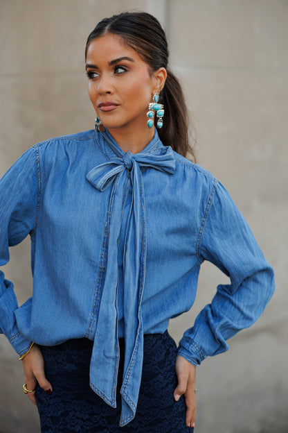 BEST SELLER!! Chic Denim Tie Neck Top