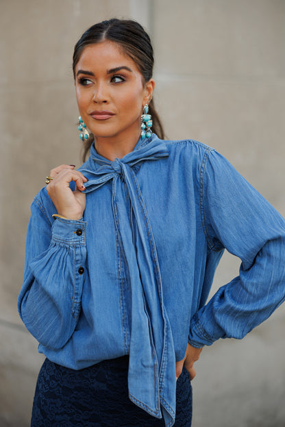 BEST SELLER!! Chic Denim Tie Neck Top