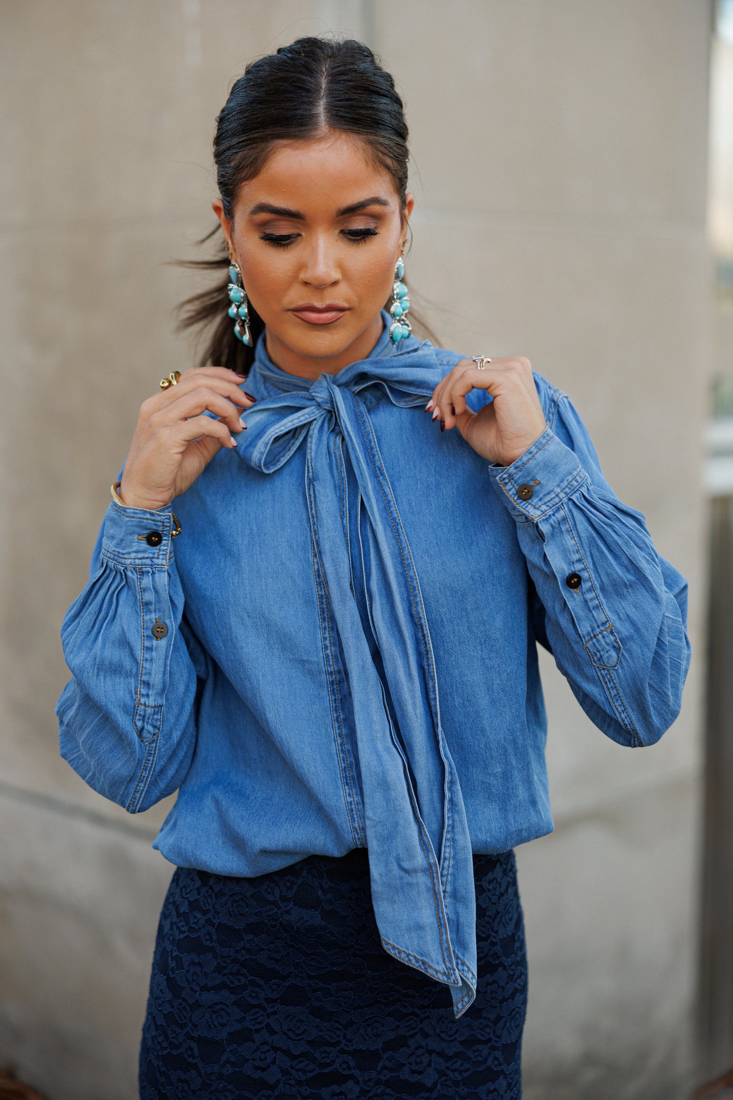 BEST SELLER!! Chic Denim Tie Neck Top