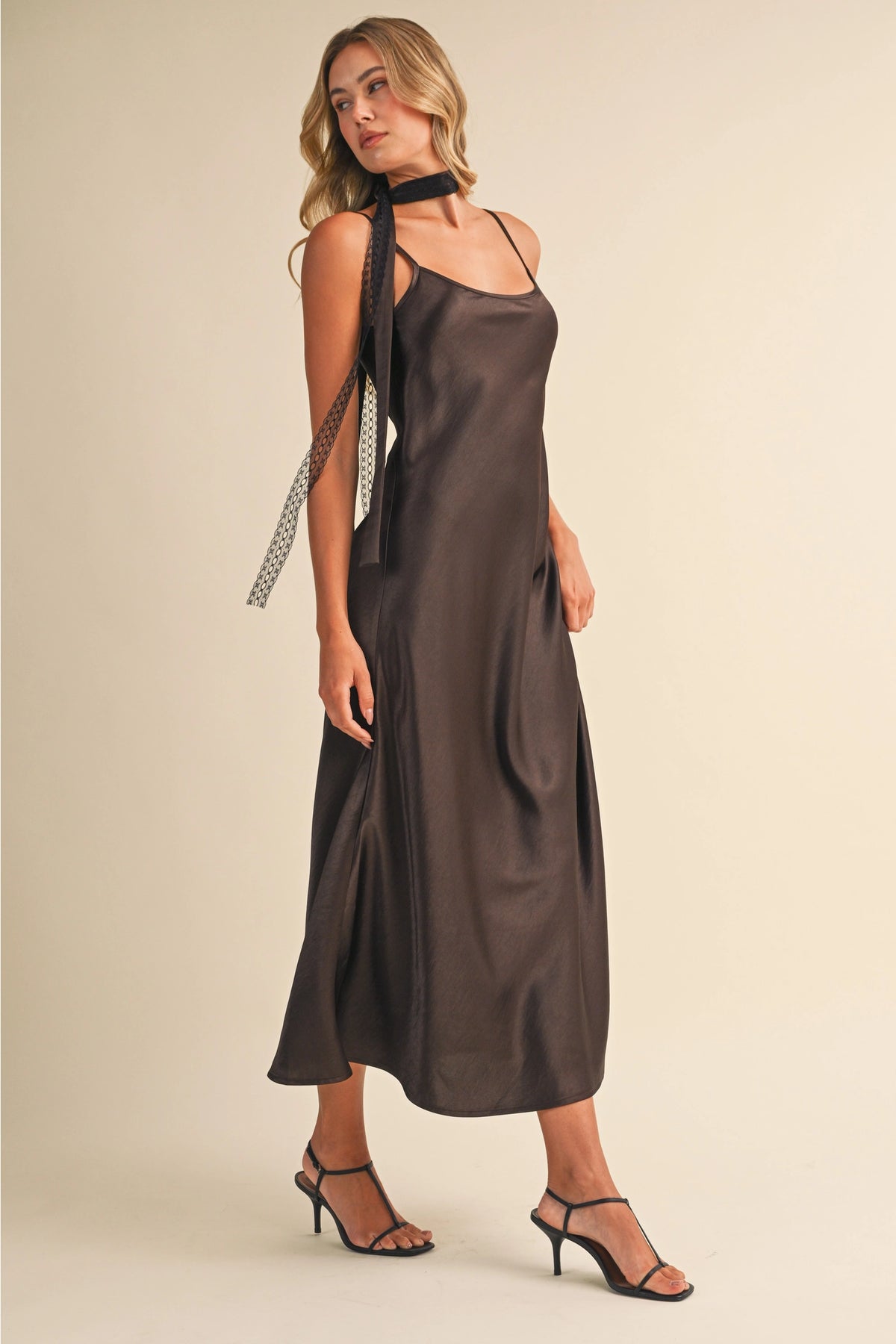"Out West" Satin Midi Dress w/ Lace Scarf