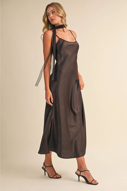 "Out West" Satin Midi Dress w/ Lace Scarf