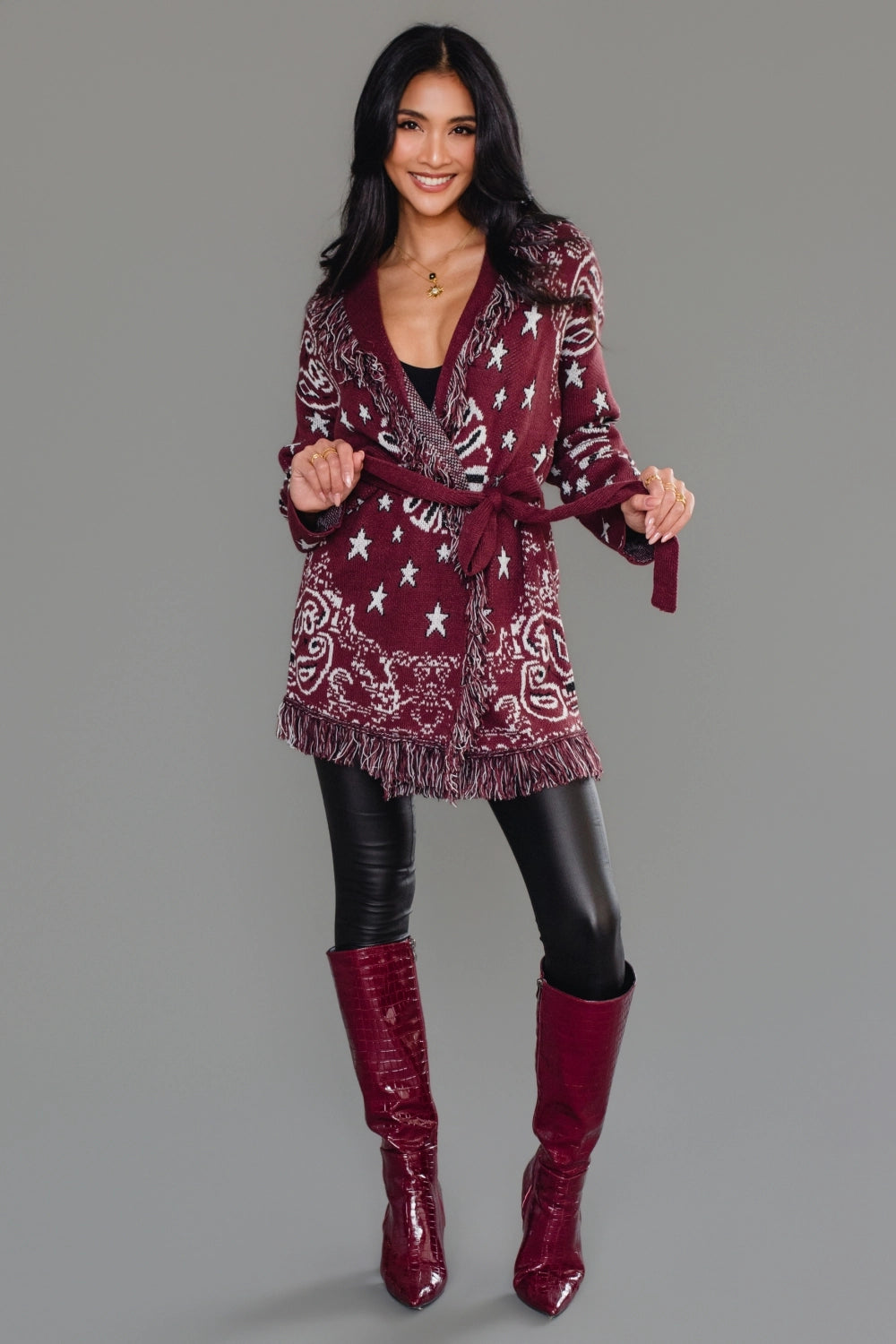 Sonora Fringe Wrap Cardigan in Burgundy