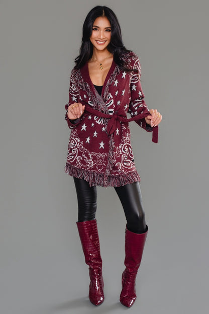 Sonora Fringe Wrap Cardigan in Burgundy
