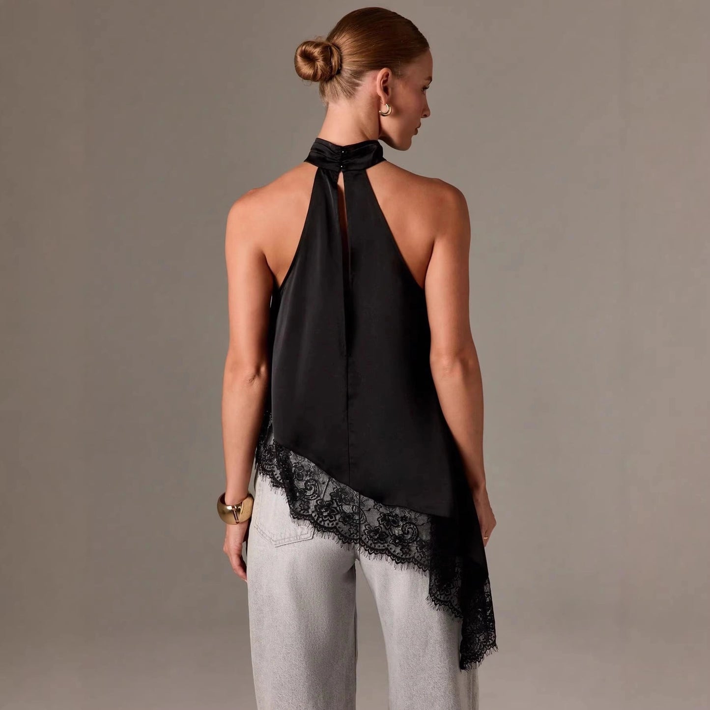 Asymmetric Lace Halter Top in Black