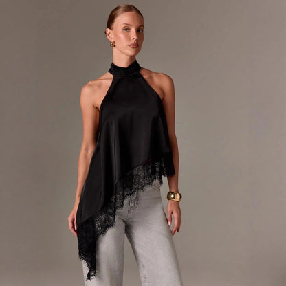 Asymmetric Lace Halter Top in Black