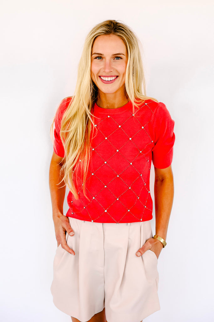 NEW!! Eloise Rhinestone Short Sleeve Sweater in Coral