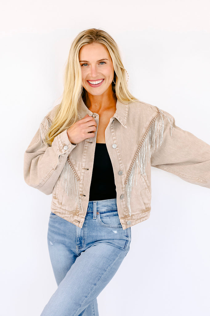 The "Bailey" Rhinestone Fringe Denim Jacket in Tan