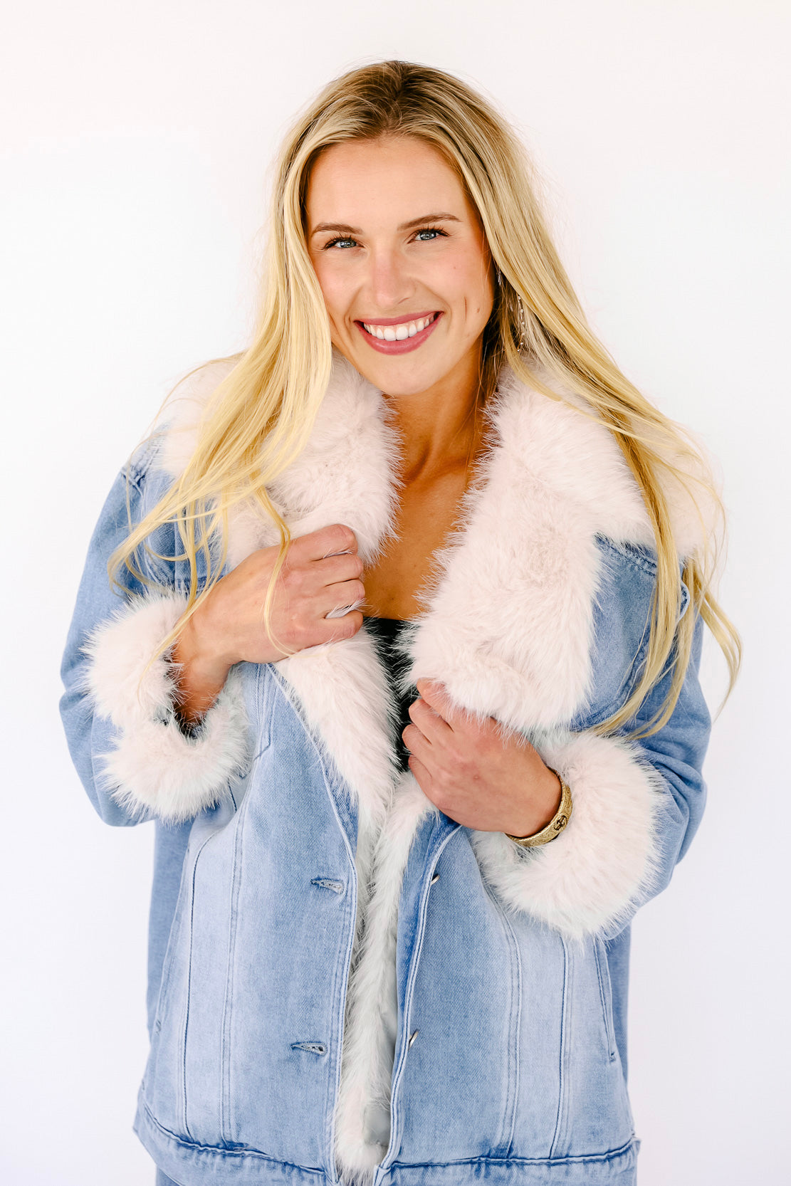 Faux Fur Collar Denim Jacket With Fur Inside Womens IN STOCK
