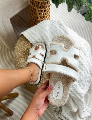 NEW!! Teddy Sherpa & Faux Leather Velcro Slides in White