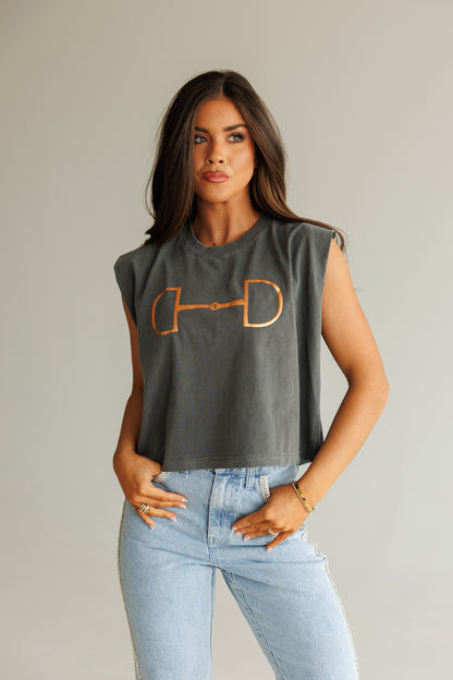 NEW!! "Metallic Cowgirl" Horsebit Muscle Tee in Charcoal