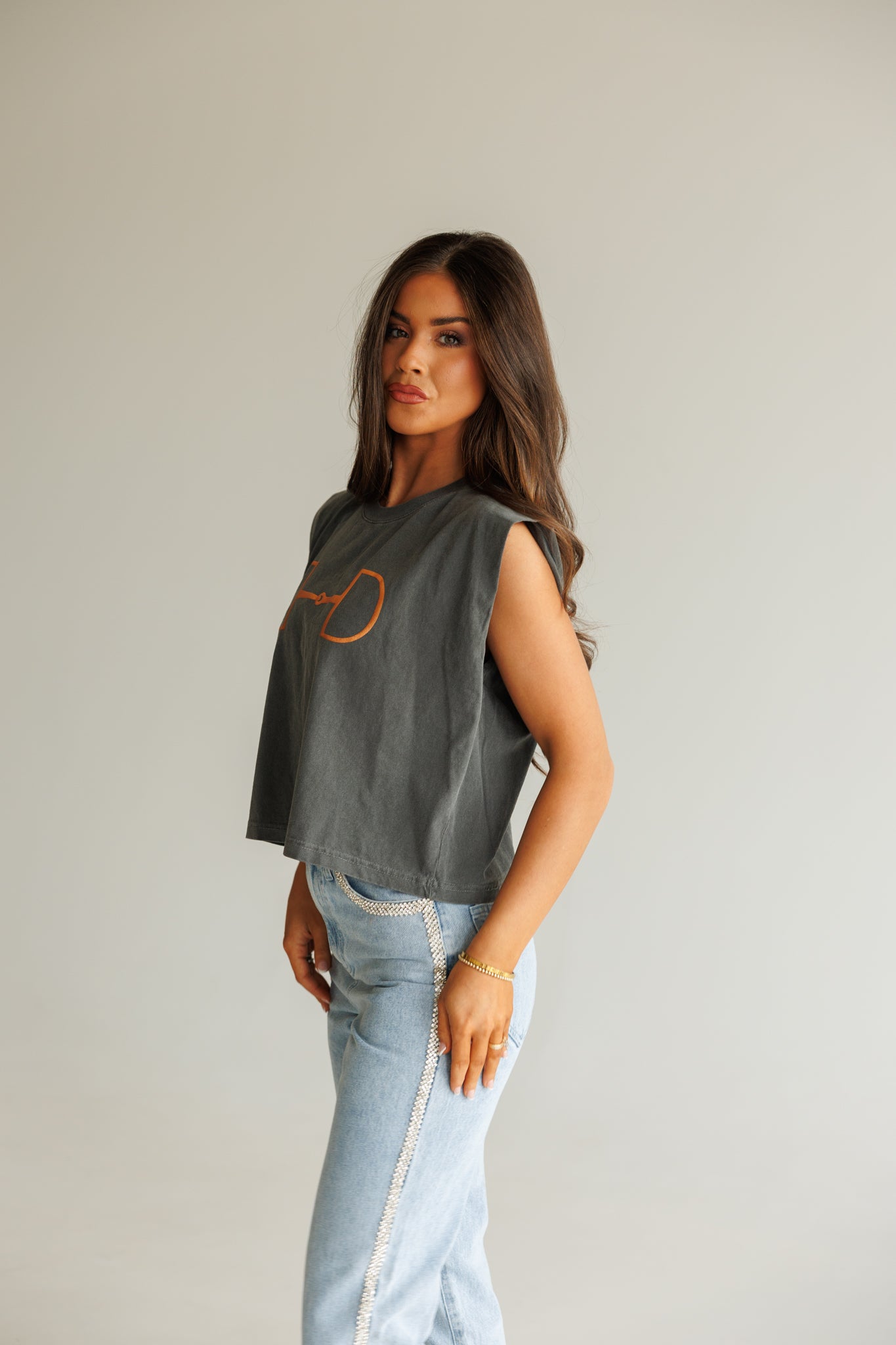 NEW!! "Metallic Cowgirl" Horsebit Muscle Tee in Charcoal