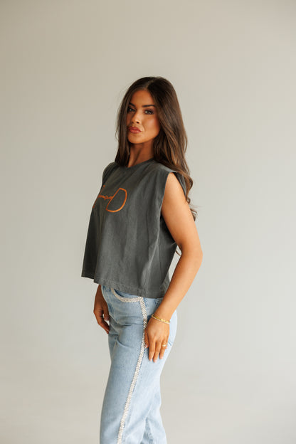 NEW!! "Metallic Cowgirl" Horsebit Muscle Tee in Charcoal