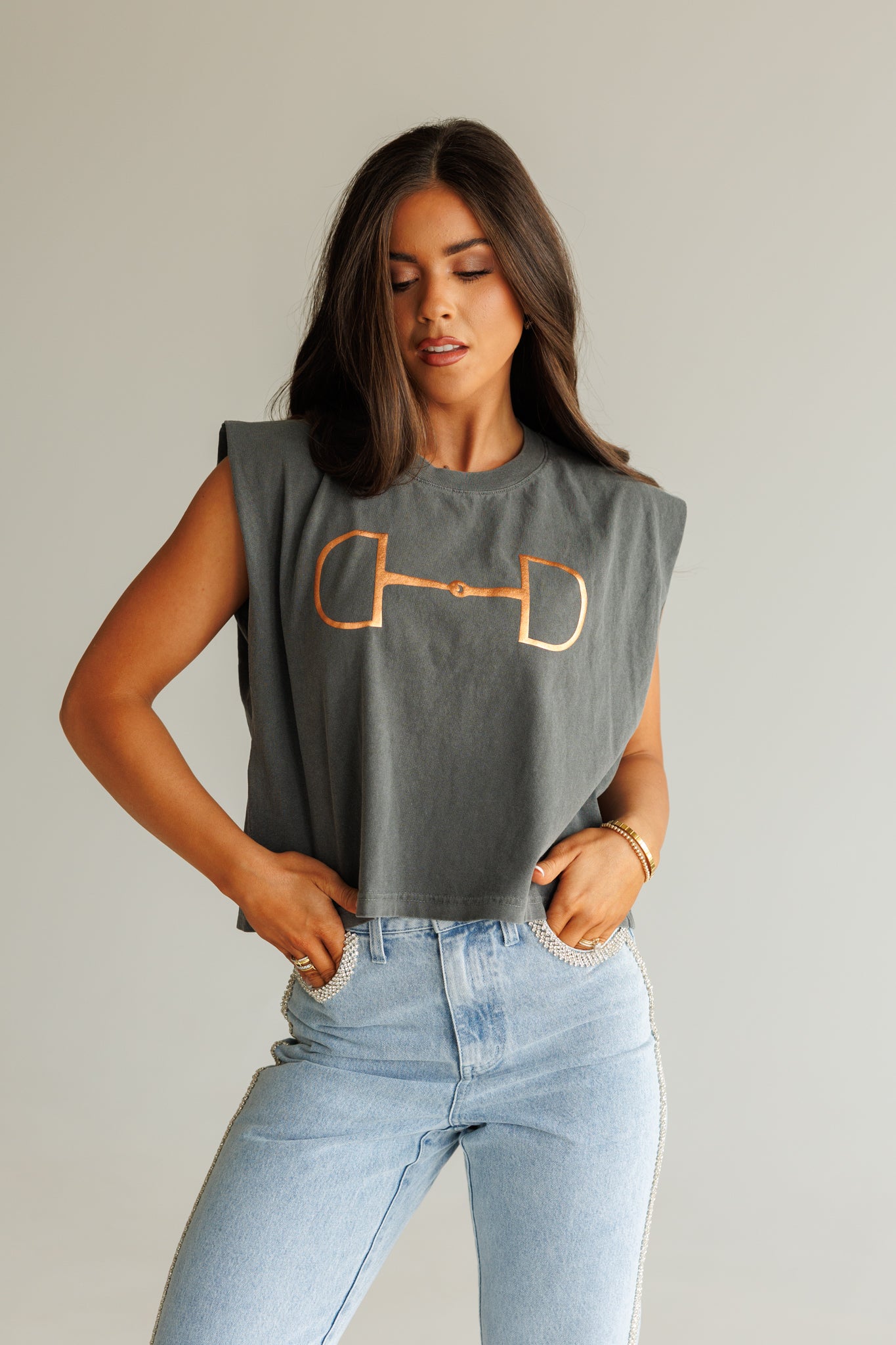 NEW!! "Metallic Cowgirl" Horsebit Muscle Tee in Charcoal