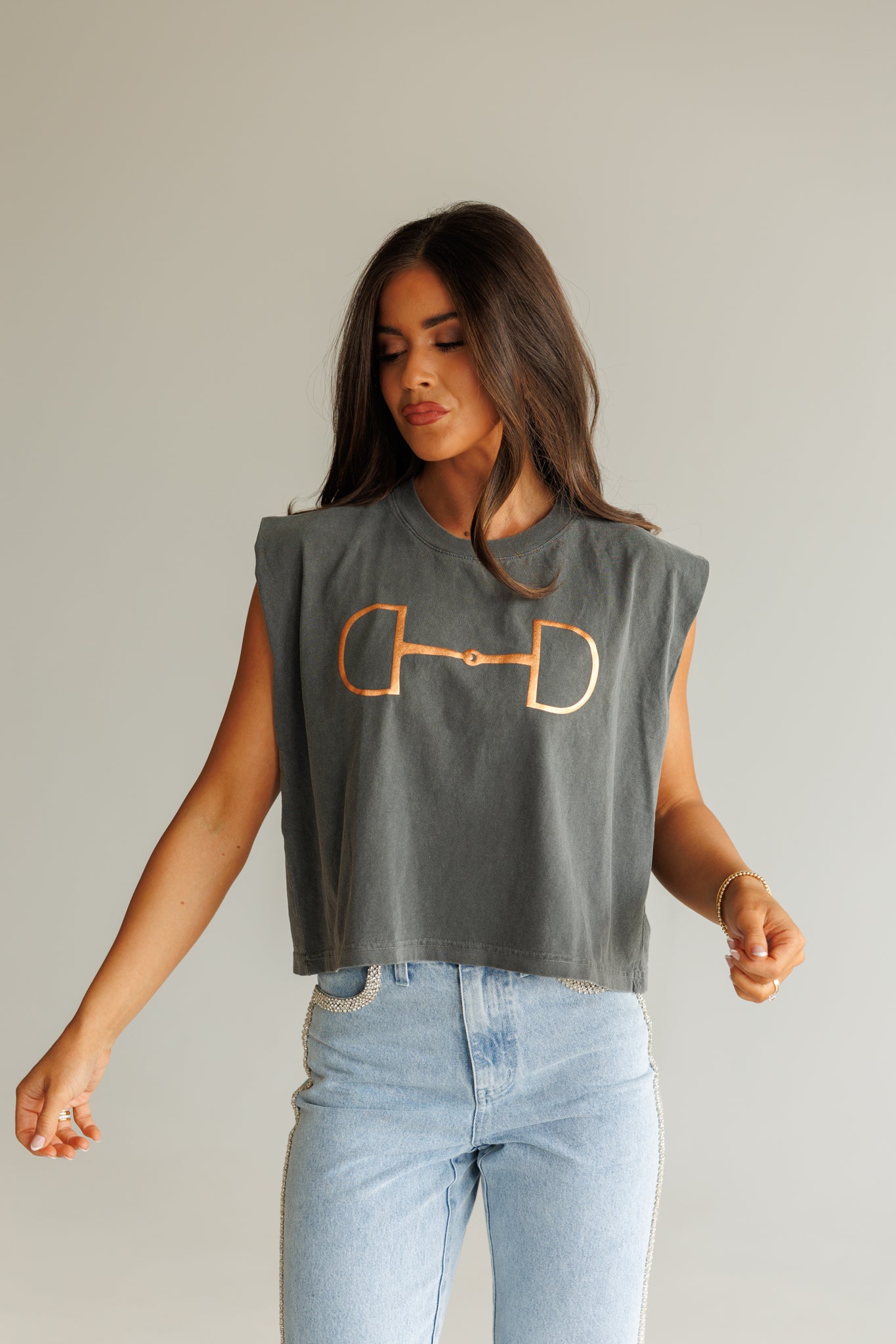 NEW!! "Metallic Cowgirl" Horsebit Muscle Tee in Charcoal