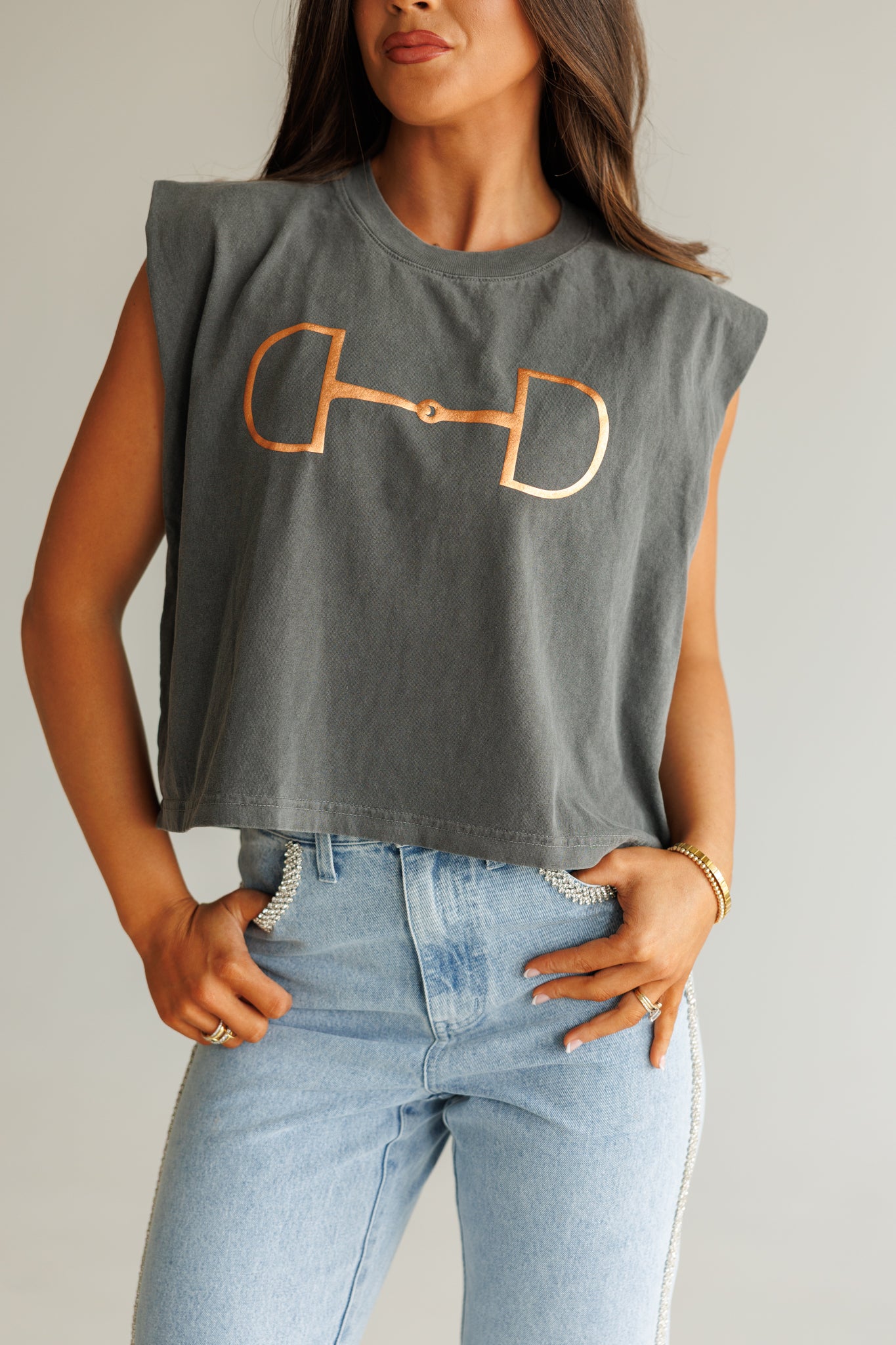 NEW!! "Metallic Cowgirl" Horsebit Muscle Tee in Charcoal
