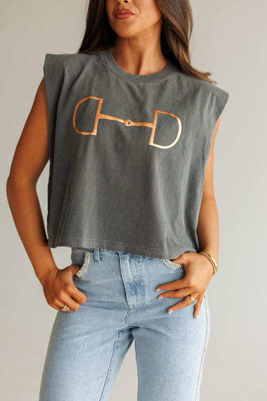 NEW!! "Metallic Cowgirl" Horsebit Muscle Tee in Charcoal