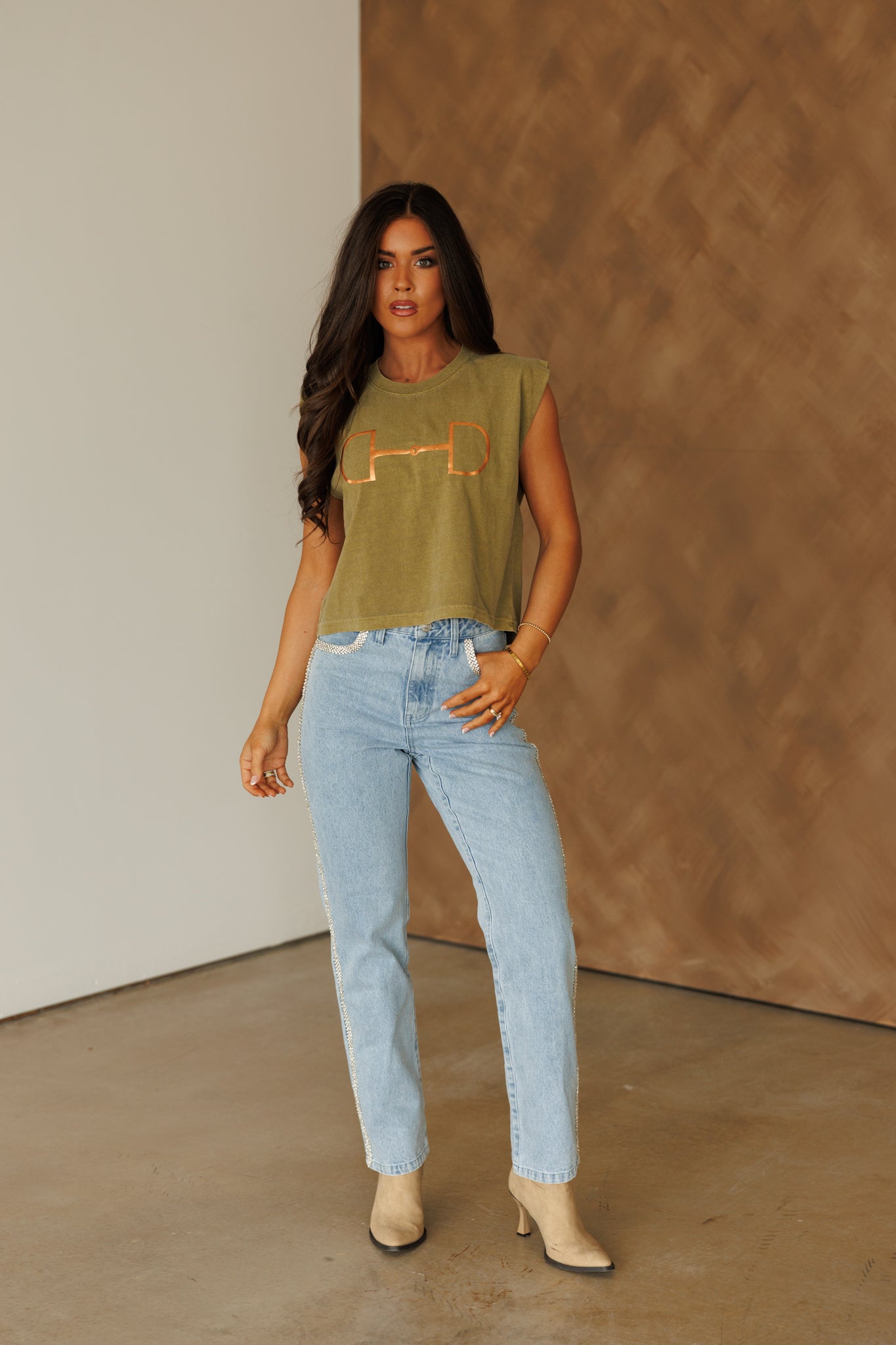 NEW!! "Metallic Cowgirl" Horsebit Muscle Tee in Olive