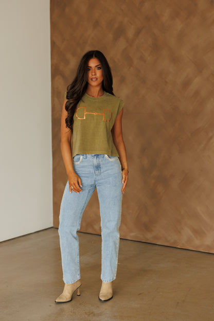 NEW!! "Metallic Cowgirl" Horsebit Muscle Tee in Olive