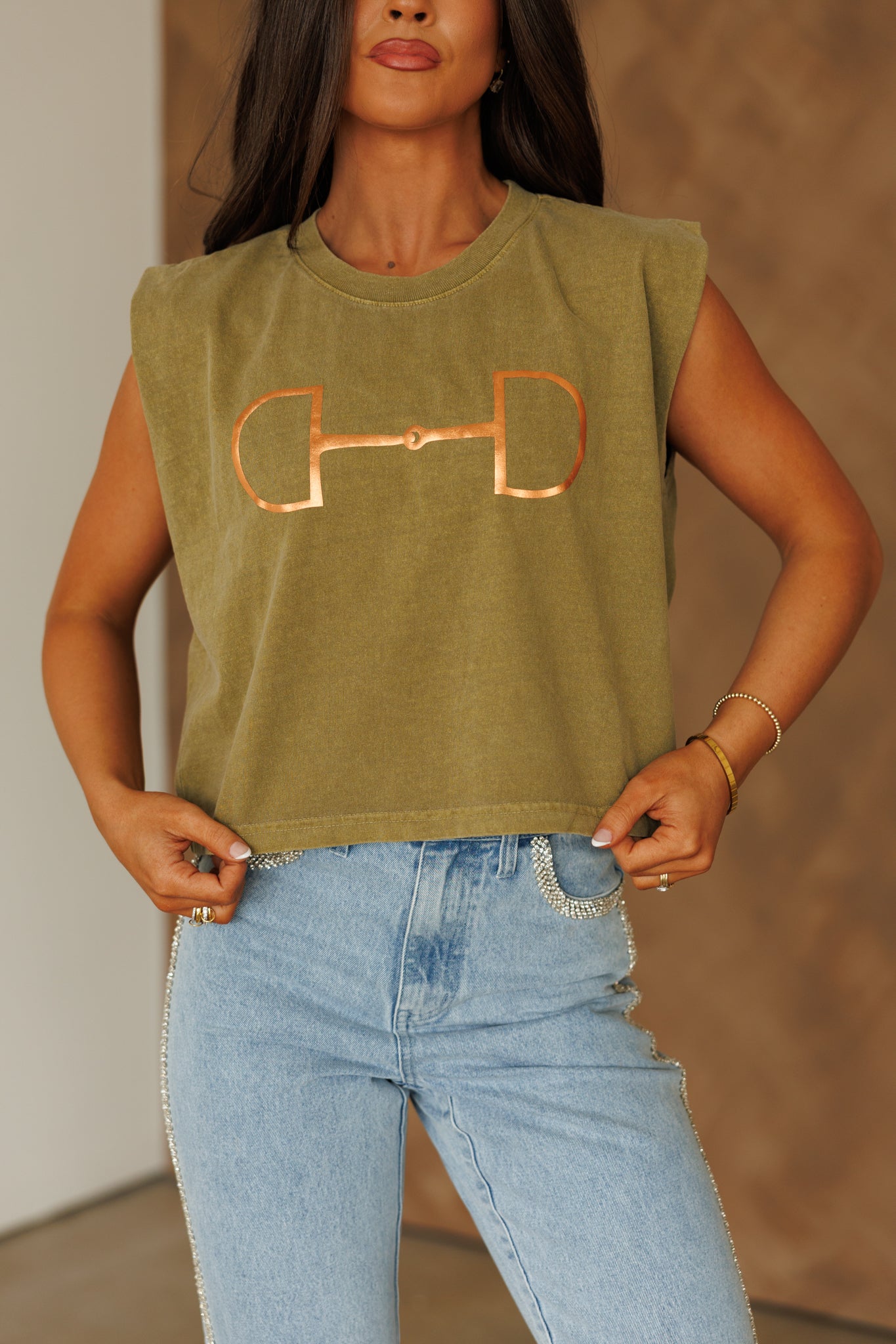 NEW!! "Metallic Cowgirl" Horsebit Muscle Tee in Olive